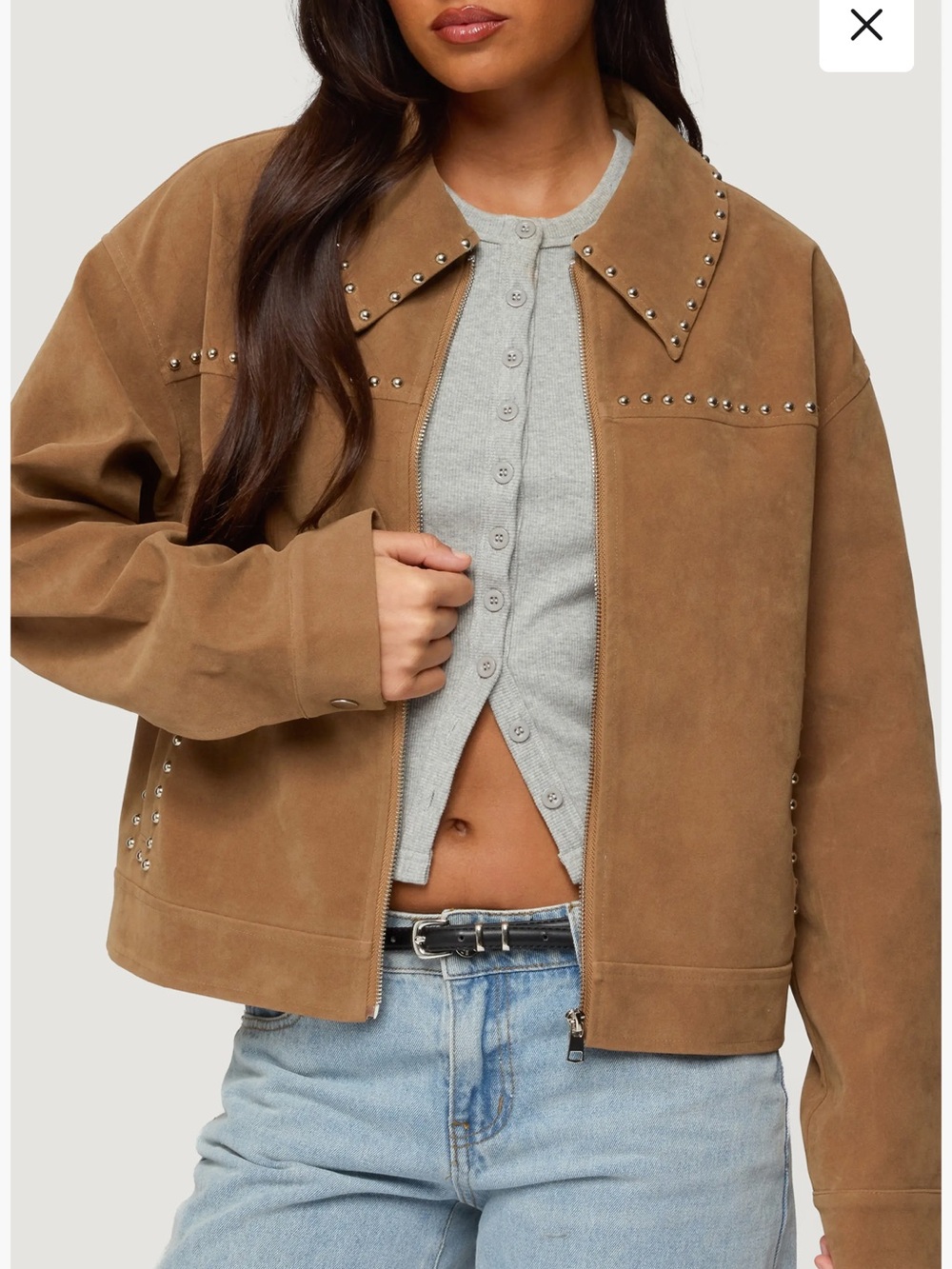 Edikted Tan Stud-Trim Suede Jacket